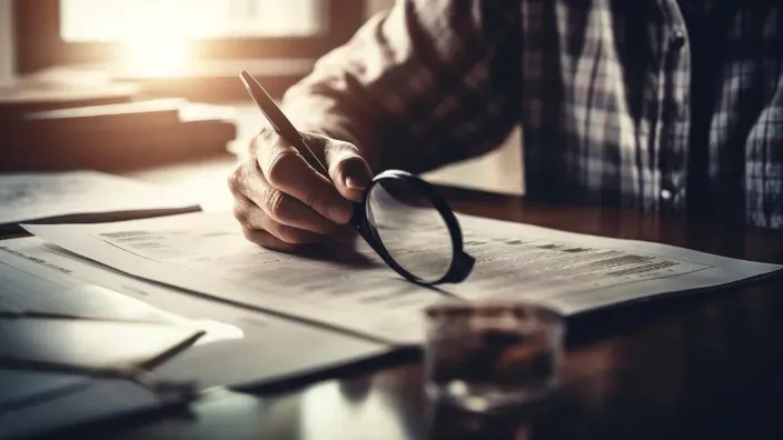 Persona revisando con lupa la letra pequeña de un contrato.
