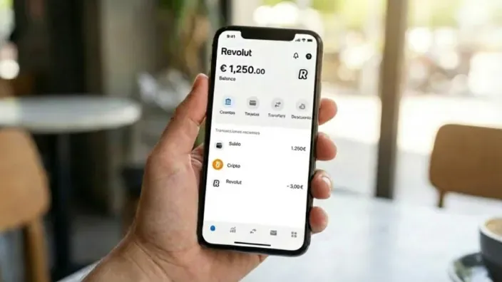 Interfaz de app móvil Revolut mostrando saldo en euros y movimientos recientes en cafetería.