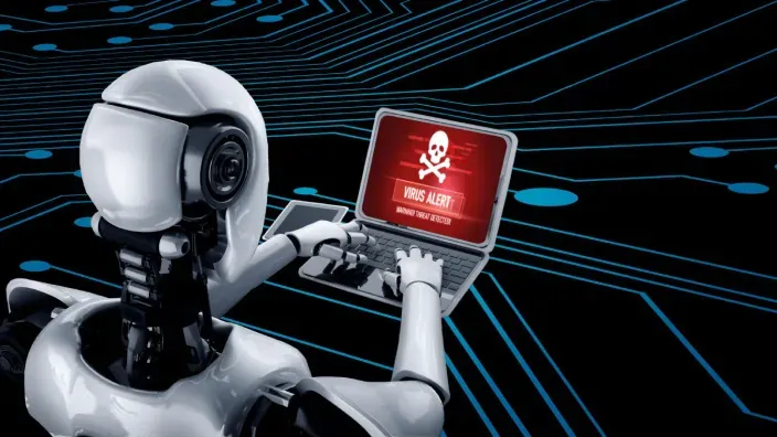 Robot humanoide frente a un ordenador con una alerta de virus informático sobre fondo de circuitos digitales.