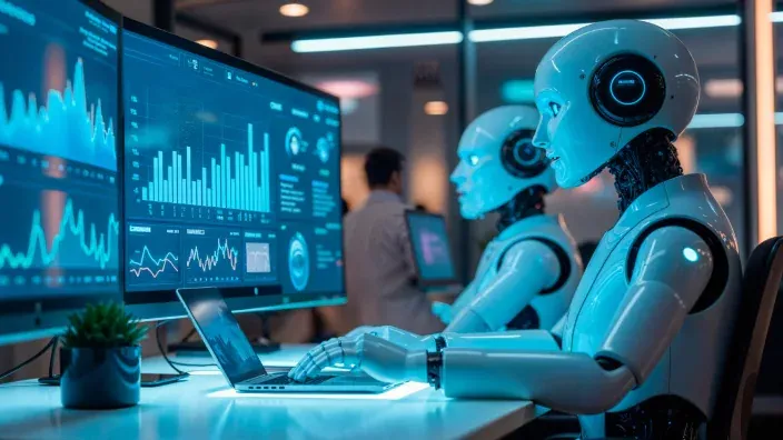 Robots con auriculares realizando análisis de datos financieros mediante inteligencia artificial en una oficina tecnológica.