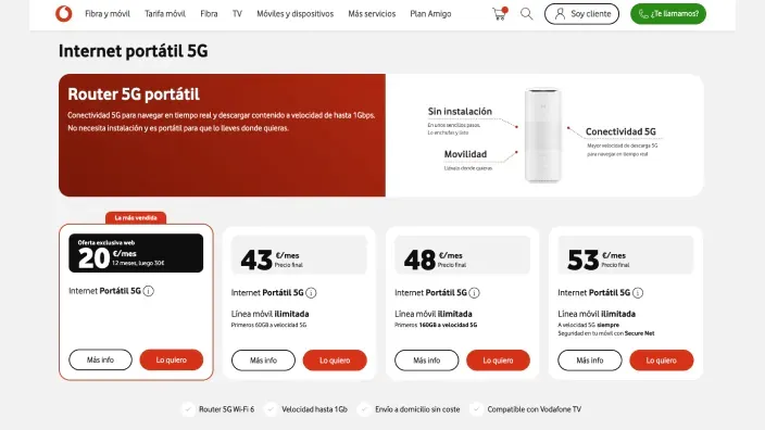 Web de Vodafone con planes de internet portátil cinco G con diversas tarifas mensuales y datos ilimitados para el hogar.