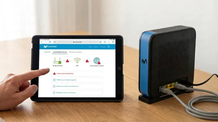 Usuario consultando el estado de la red en la web de Movistar con el router Smart WiFi 7 al lado.