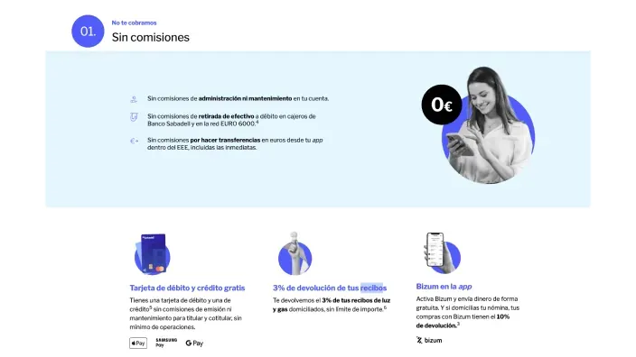 Cuenta Online Sabadell sin comisiones con tarjeta gratis y devolución del 3% en recibos.