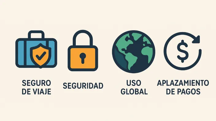 Iconos de las ventajas de las tarjetas de crédito: seguro de viaje, seguridad, uso global y aplazamiento de pagos.