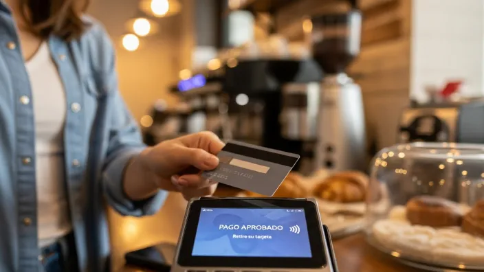Mujer pagando con tarjeta de crédito contactless en una cafetería, con la pantalla del TPV mostrando Pago Aprobado.