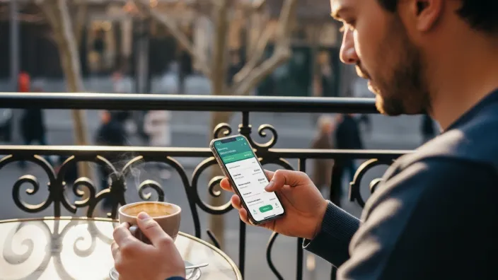 Hombre consultando los gastos de su tarjeta en la app del banco mientras toma un café en una terraza.