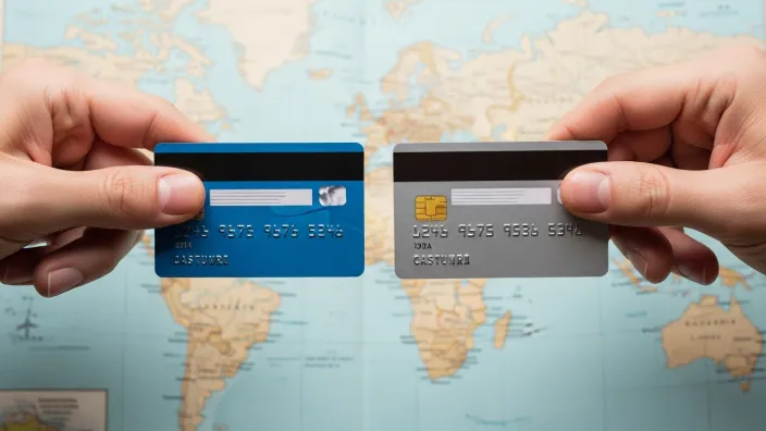 Dos manos comparando diferentes tarjetas de crédito con un mapa del mundo de fondo, ideal para viajes internacionales.