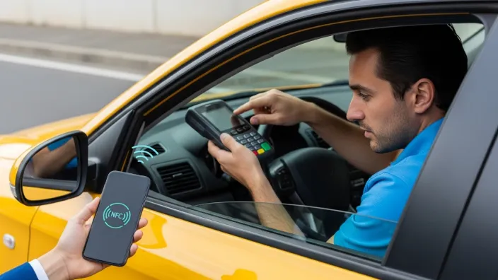 Pasajero pagando un taxi con su móvil a través de la tecnología NFC, un método de pago rápido y seguro para viajar.