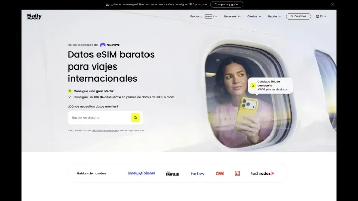 Página web de Saily con planes de datos eSIM económicos para viajes internacionales y conectividad en el extranjero.