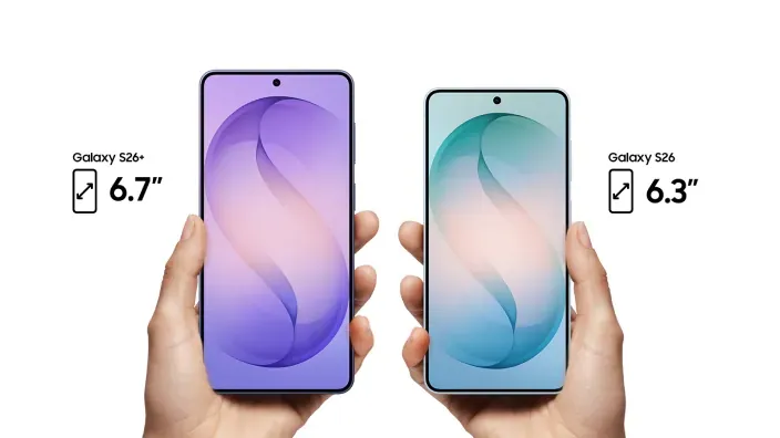 Comparativa de los nuevos smartphones Samsung Galaxy S26 y S26 Plus mostrando sus diferentes tamaños de pantalla.