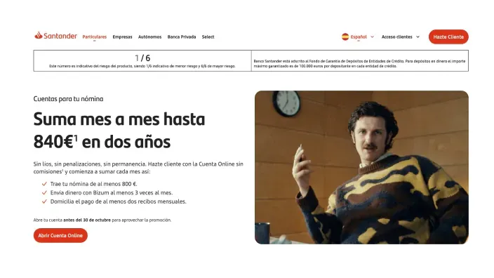 Promoción de Santander para ganar 840€ en dos años con nómina, Bizum y recibos en la Cuenta Online.