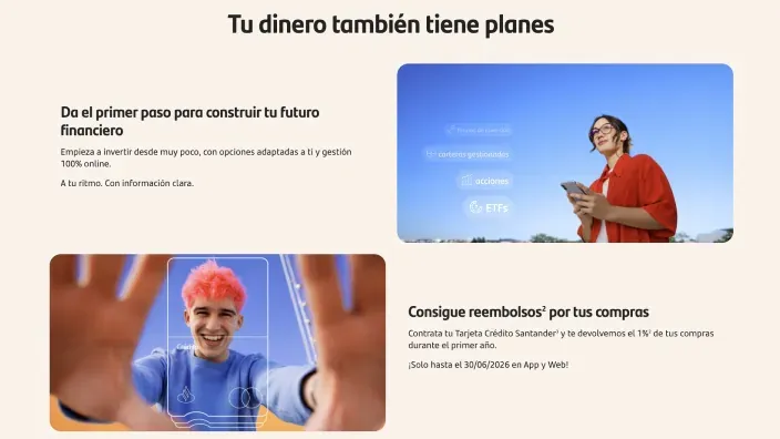 Web de Banco Santander con planes de inversión y ahorros junto a reembolsos por compras con tarjeta de crédito.