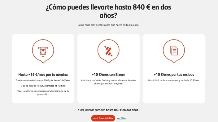 Cuenta Online Santander sin comisiones: promoción de 840€ por traer nómina, recibos y usar Bizum.