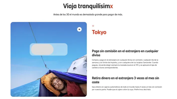 Oferta de Banco Santander para viajar a Tokyo sin comisiones en el extranjero y retiradas de dinero gratuitas.
