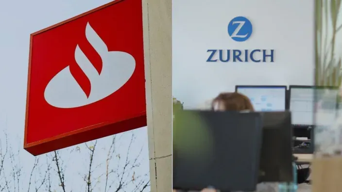 Logotipos de Santander y Zurich representando la colaboración entre el banco y la aseguradora.
