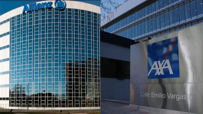 Montaje fotográfico de las sedes corporativas de Allianz y AXA Seguros, mostrando sus edificios y logotipos en el exterior.