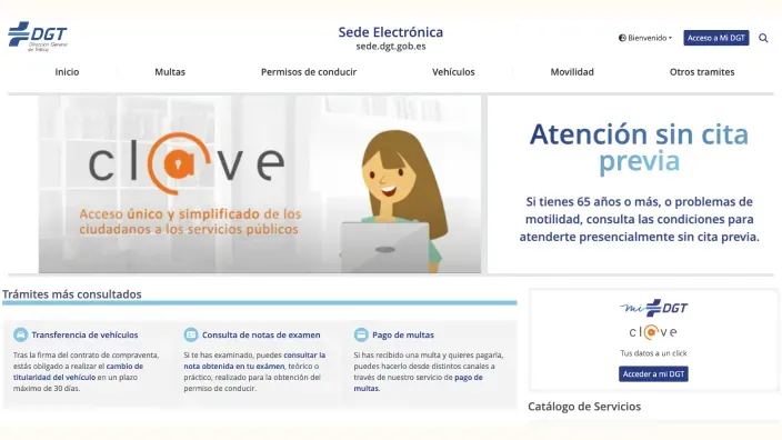 Captura de la Sede Electrónica de la DGT para pago de multas y transferencia de vehículos.