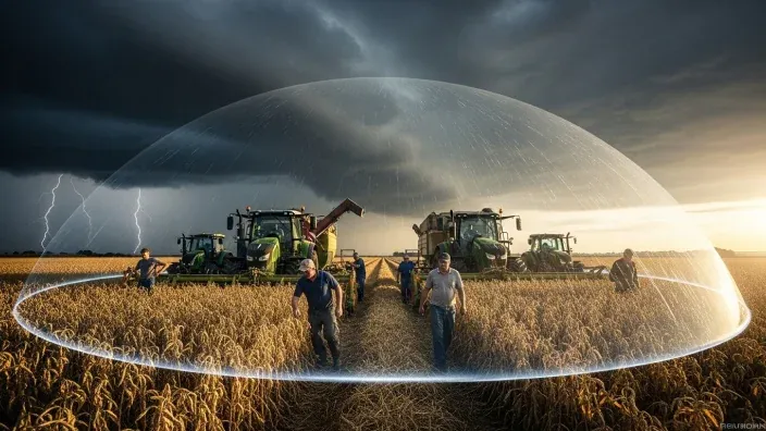 Campo de cultivo con agricultores y cosechadoras protegido de una tormenta por una cúpula, una alegoría del seguro agrario.