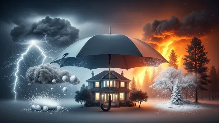 Casa protegida por un gran paraguas de fenómenos atmosféricos como lluvia, granizo, nieve o incendios, un concepto de seguro de hogar.