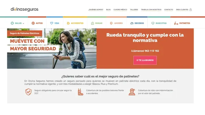 Captura de la web de Divina Seguros con detalles sobre coberturas y ventajas del seguro de patinetes eléctricos.