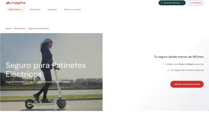 Captura de la web de Mapfre con ofertas de seguro para patinetes eléctricos desde menos de cinco euros al mes.