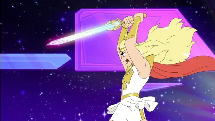 Adora transformándose en She-Ra con la espada mágica en alto en la serie de animación de Netflix.