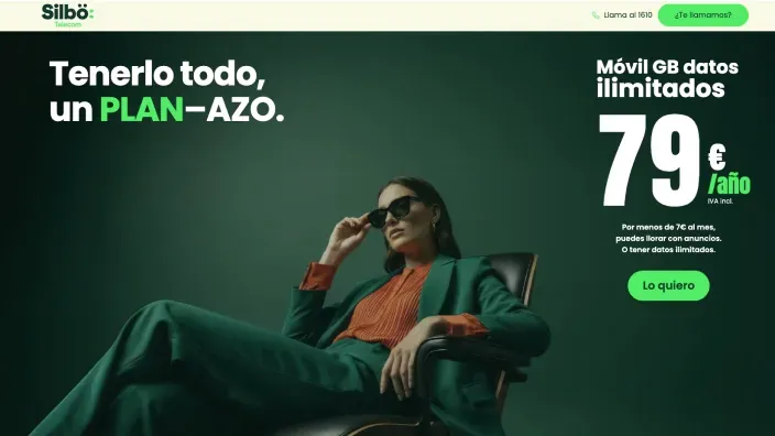 Web de Silbö Telecom con oferta de datos ilimitados para el móvil por setenta y nueve euros al año para ahorrar en telefonía.