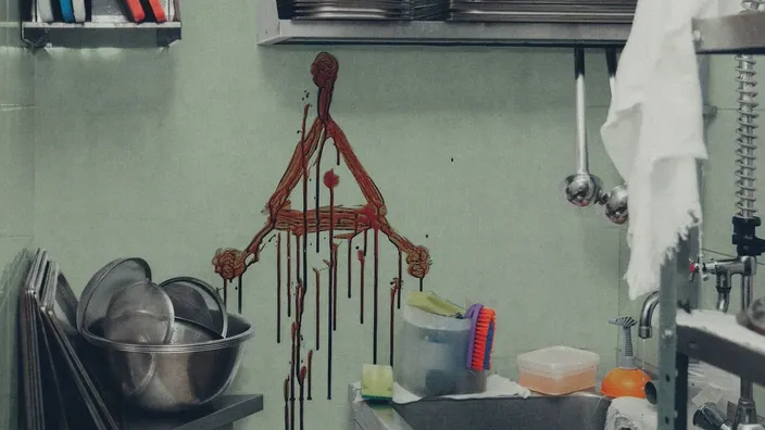Un misterioso símbolo hecho con sangre gotea en la pared de una cocina sobre el fregadero, en una escena de terror y crimen.