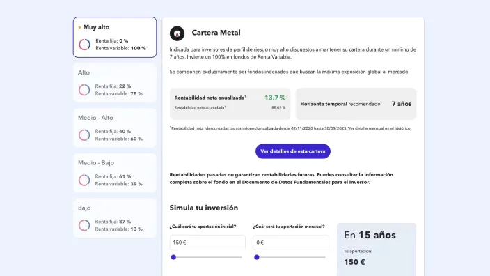 Pantalla del simulador de carteras de MyInvestor con distintos perfiles de riesgo y rentabilidad estimada.