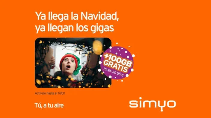 Banner de la promoción de Navidad de simyo, que ofrece 100GB de datos móviles gratis a sus clientes.