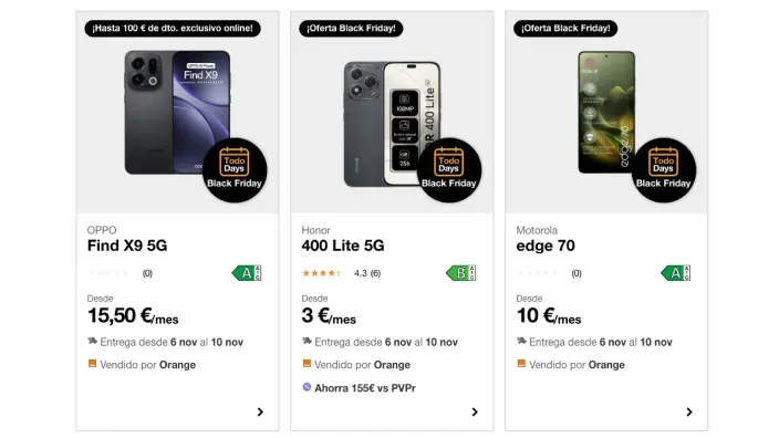 Selección de smartphones en oferta por Black Friday: OPPO Find X9, Honor 400 Lite y Motorola edge 70.
