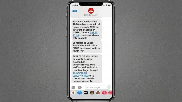 Captura de SMS de smishing suplantando a Banco Santander alertando de un falso cargo y bloqueo.