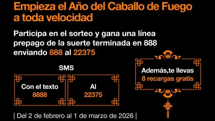 Promoción del sorteo Año del Caballo de Fuego con participación por SMS y premio de línea prepago terminada en 888