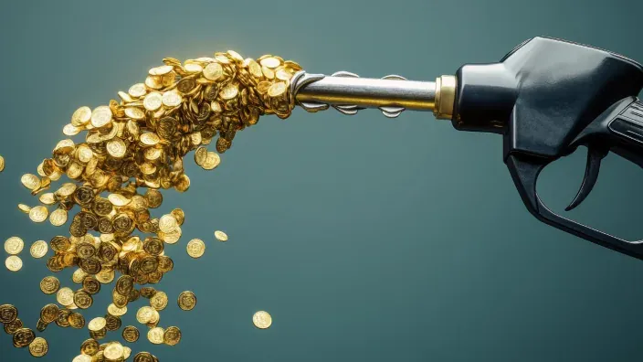 Boquilla de surtidor de gasolina con monedas saliendo por el extremo