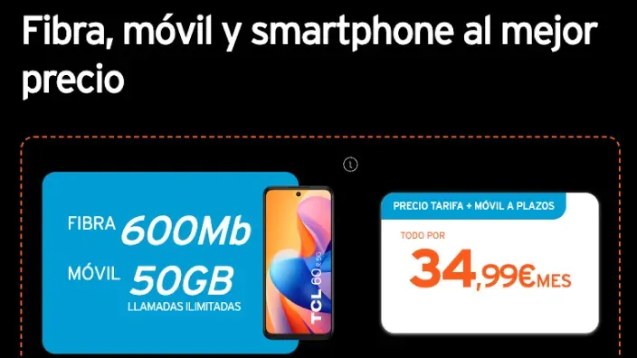 Oferta de Simyo: fibra 600Mb, móvil 50GB y smartphone TCL por 34,99€/mes.