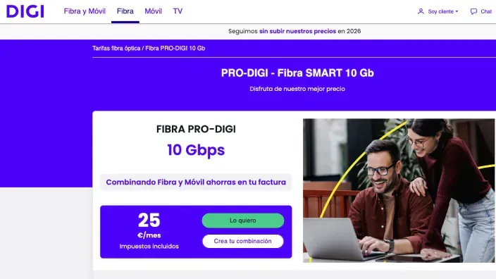 Oferta de Digi: Fibra SMART de 10 Gbps por 25 euros al mes al combinar con móvil en su web oficial.