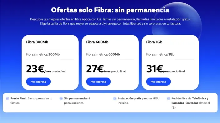 Comparativa de ofertas de solo fibra de O2. Tarifas de 300Mb, 600Mb y 1Gb sin permanencia y con instalación gratis.