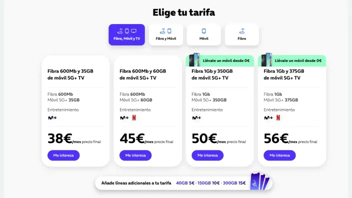 Web de O2 con planes de fibra óptica líneas móviles y servicios de streaming de Movistar Plus y Netflix para el hogar.