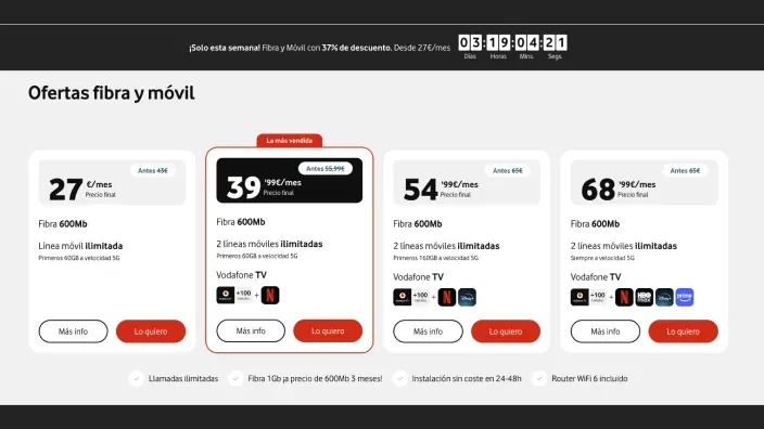 Tarifas de fibra y móvil Vodafone desde 27€: planes de 600Mb, datos ilimitados y TV con Netflix y HBO Max.