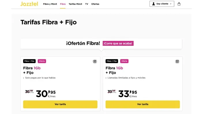 Captura de la web de Jazztel con ofertas de tarifas de fibra óptica de un giga y teléfono fijo para el hogar.