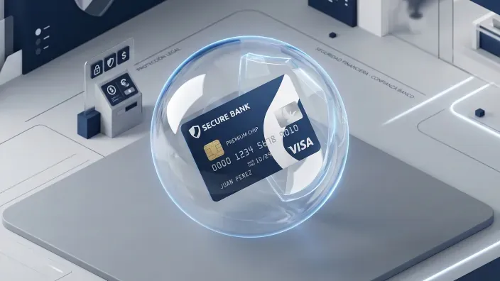 Tarjeta bancaria dentro de una esfera de seguridad digital que simboliza la protección de pagos y datos financieros.