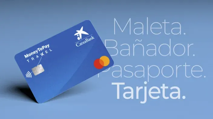 Tarjeta MoneyToPay Travel de CaixaBank diseñada para realizar pagos seguros y sin comisiones en viajes por todo el mun.