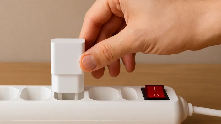 Mano desenchufando un cargador de una regleta para ahorrar energía y evitar el consumo fantasma antes de irse de vacaciones.
