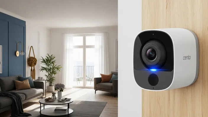 Cámara de seguridad inteligente vigilando el salón de una casa para garantizar la protección del hogar durante las vacaciones.