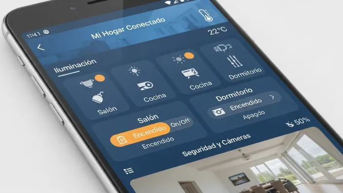 Aplicación de hogar conectado en un smartphone para controlar la iluminación y la seguridad de la casa de forma remota en vacaciones.