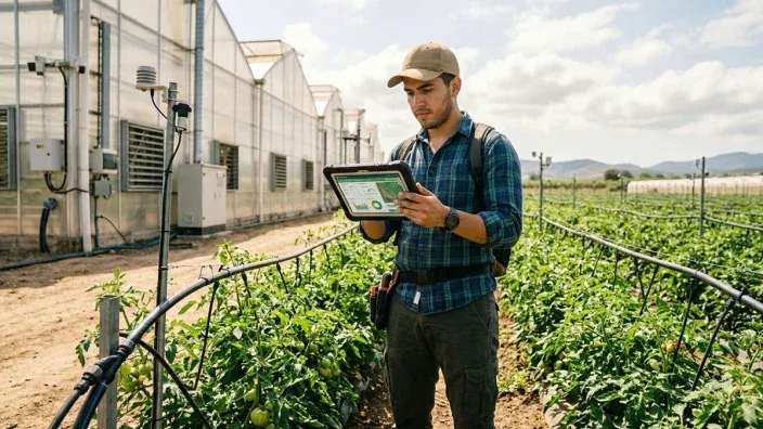 Técnico agrícola monitorizando cultivo de tomate con tablet y sensores IoT en campo con invernadero