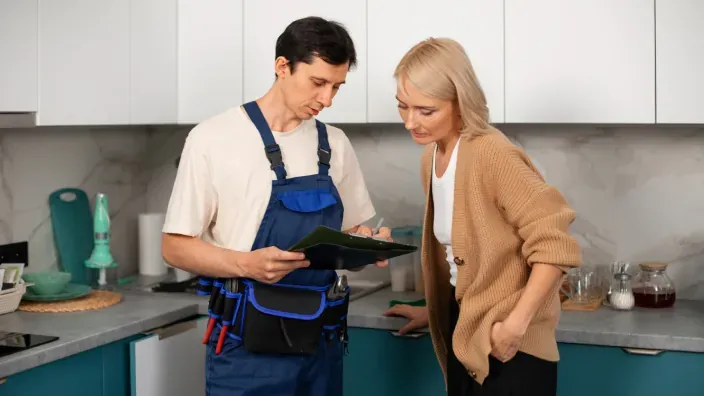 Técnico revisando un documento o presupuesto con una clienta en la cocina de su vivienda.