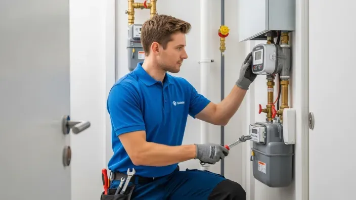 Técnico instalador realizando la revisión o instalación de un contador de gas natural inteligente en una vivienda.