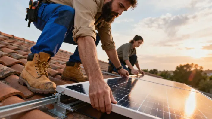Técnicos instaladores montando paneles solares fotovoltaicos en el tejado de una vivienda.