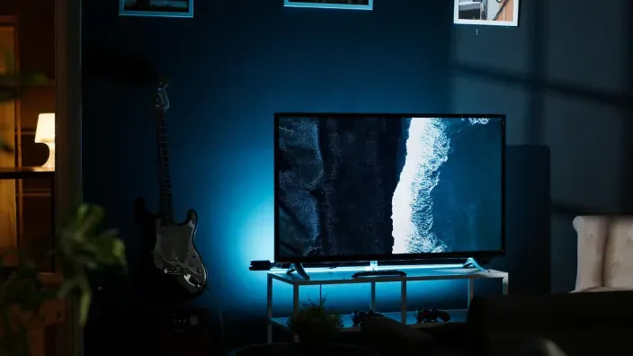 Smart TV con iluminación ambiental azul en un salón moderno mostrando contenido en alta definición.